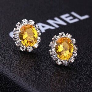Yellow Citrine CZ Halo Earrings Stud - Oval